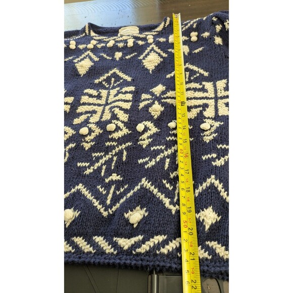 Vintage Jennifer Reed Hand Knit Sweater Sz 4 Pom Pom Cottage Cabin Navy White - Picture 8 of 8